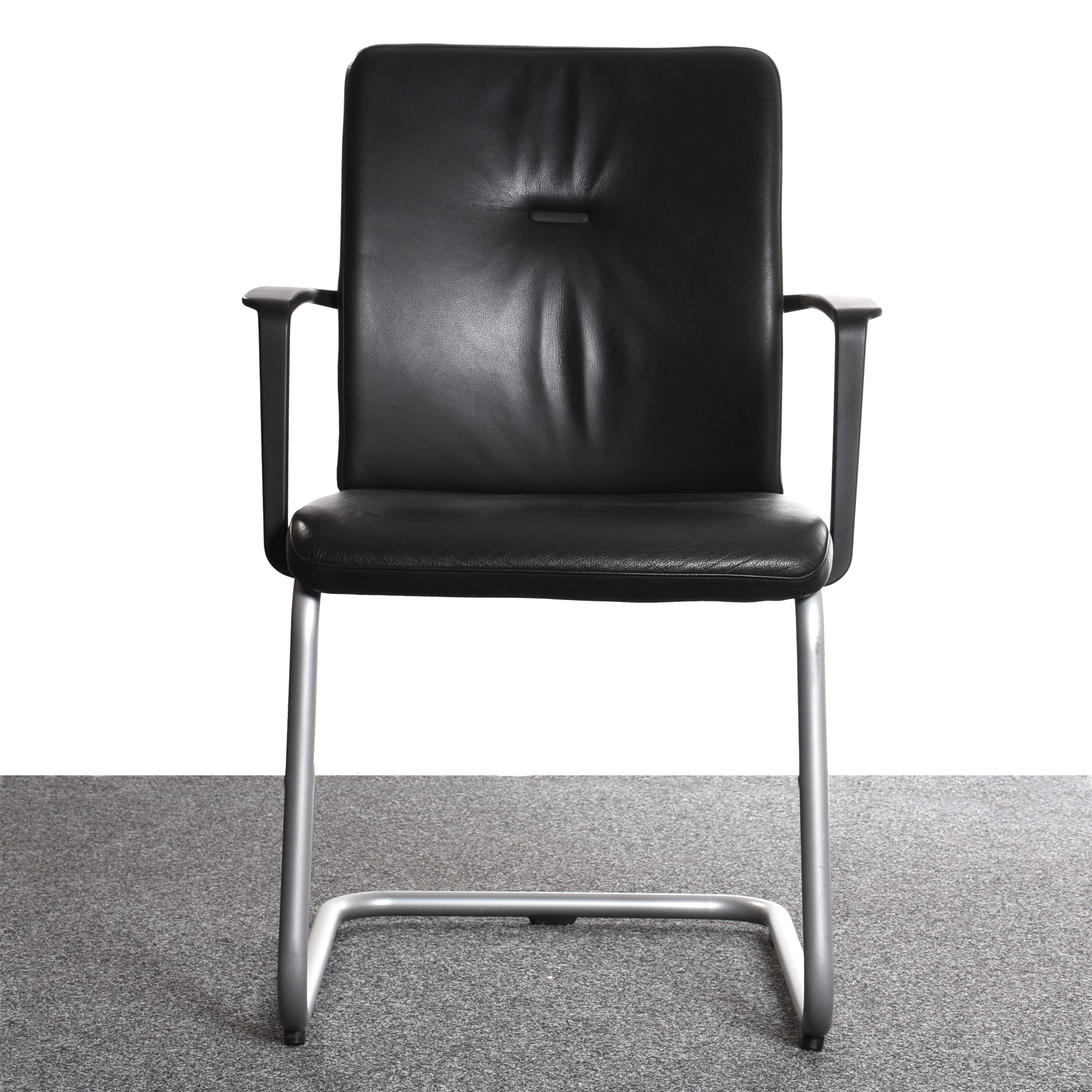 Steelcase Stuhl, Freischwinger, Kunstleder schwarz, Zierknopf im Rücken, Gestell silber, gebraucht